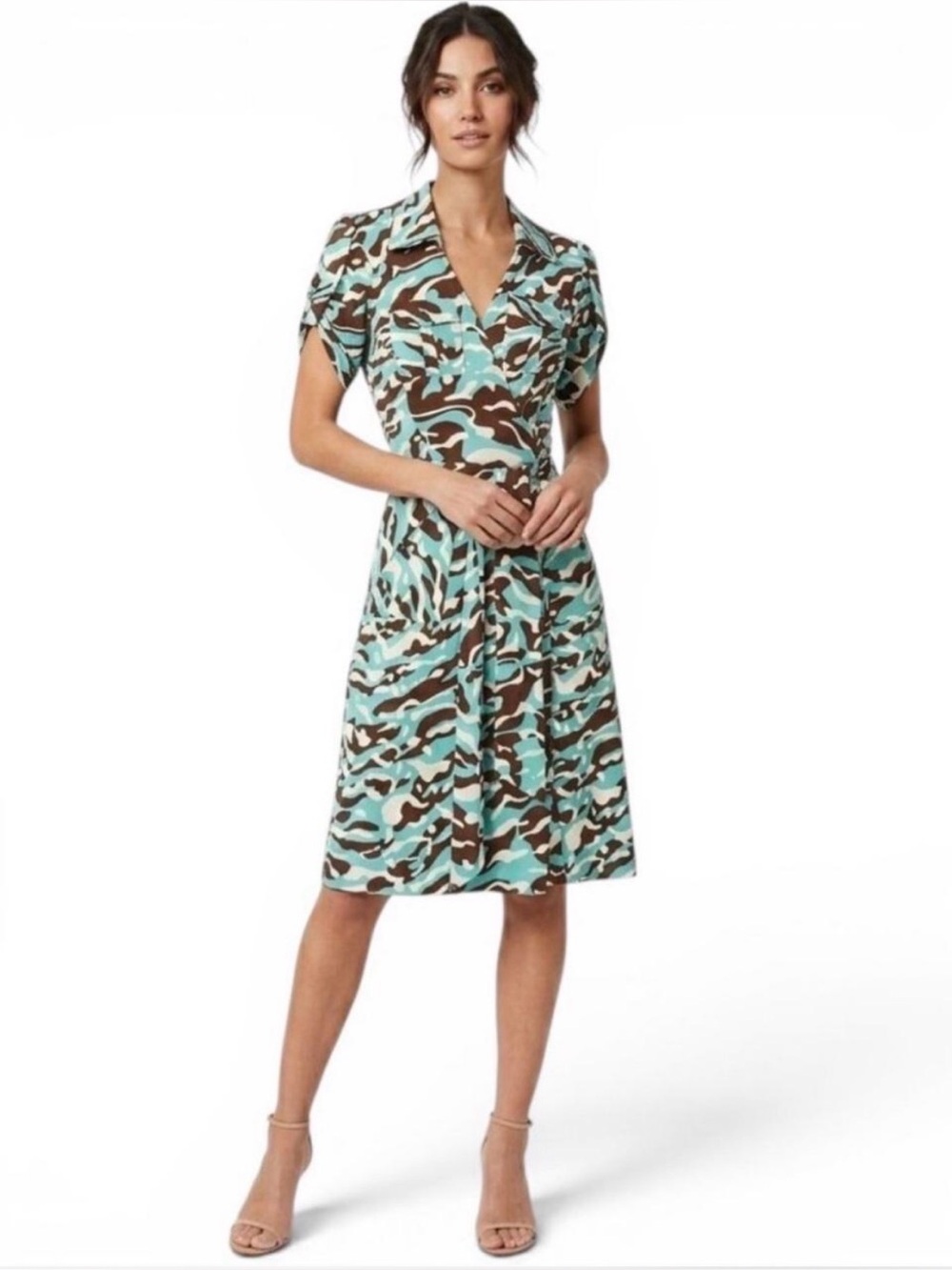 Diane von Furstenberg 100% Silk Wrap Dress Turquoise Camo Print Sz 12
